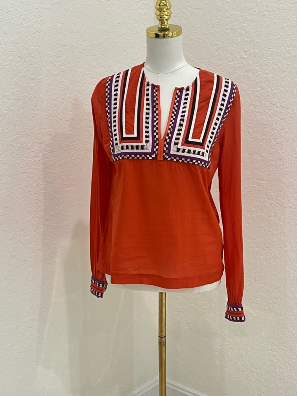 Tory Burch Orange Embroidered Yoke Long-Sleeve Blouse